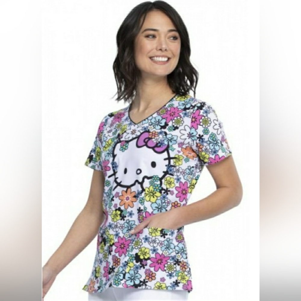 Hello Kitty Flower Shop V-Neck Print Scrub Top